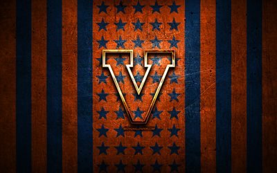 Virginia Cavaliers flag, NCAA, blue orange metal background, american football team, Virginia Cavaliers logo, USA, american football, golden logo, Virginia Cavaliers