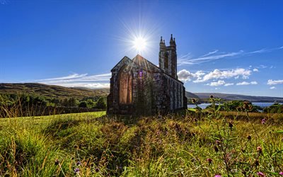 Igreja de Dunlewey, 4k, ver&#227;o, marcos irlandeses, Donegal, Irlanda, Reino Unido, Europa, bela natureza