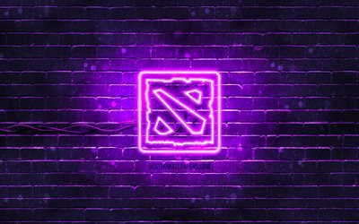 Logotipo violeta do Dota 2, 4k, parede de tijolos violeta, logotipo do Dota 2, arte, logotipo neon do Dota 2, Dota 2