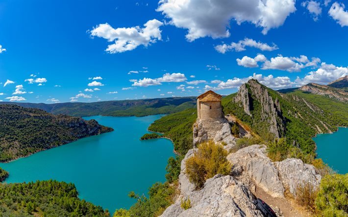 Mont-rebei gorge, Ermita de la Pertusa, beautiful lakes, mountain landscape, summer, castle on the rock, La Pertusa, Lleida, Spain