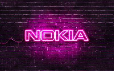 ノキア紫のロゴ, 4k, 紫ブリックウォール, ノキアのロゴ, アートワーク, ノキアネオンロゴ, Nokia