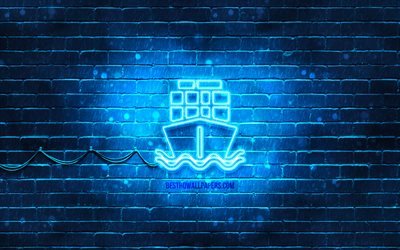 Icona al neon della nave portacontainer, 4K, sfondo blu, simboli al neon, Nave portacontainer, creativo, icone al neon, Segno della nave portacontainer, segnali di trasporto, Icona della nave portacontainer, icone di trasporto