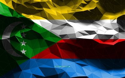 4k, drapeau des Comores, art low poly, pays africains, symboles nationaux, drapeaux 3D, Comores, Afrique, drapeau 3D des Comores