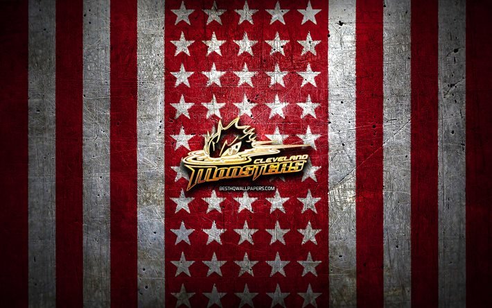Bandiera di Cleveland Monsters, AHL, sfondo rosso metallo bianco, squadra di hockey americano, logo Cleveland Monsters, USA, hockey, logo dorato, Cleveland Monsters