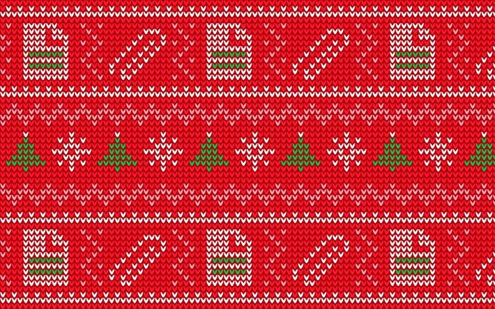 赤いクリスマスパターン, 4k, クリスマスの飾り, クリスマスニットテクスチャ, クリスマスのパターン, 赤いクリスマスの背景