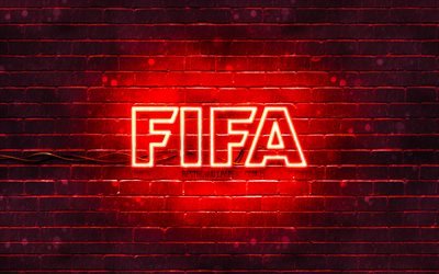 FIFA red logo, 4k, red brickwall, FIFA logo, football simulator, FIFA neon logo, FIFA