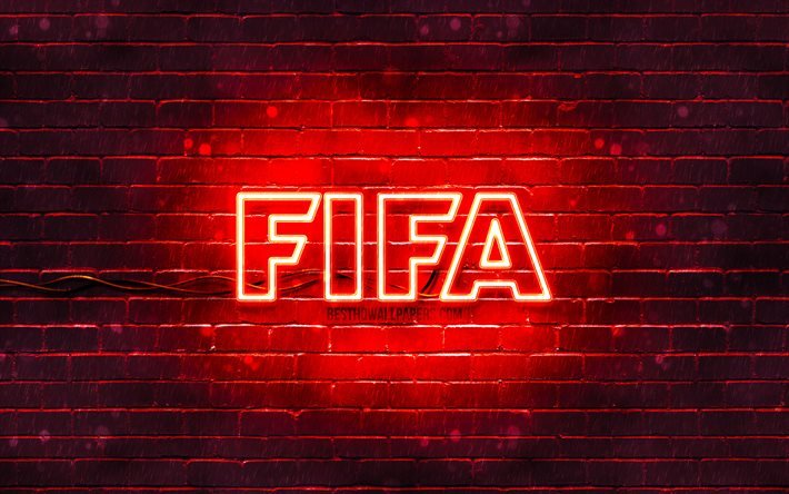 FIFAの赤いロゴ, 4k, 赤レンガの壁, FIFAロゴ, サッカーシミュレーター, FIFAネオンロゴ, 国際サッカー連盟