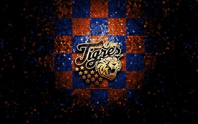 tigres de quintana roo, glitzer-logo, lmb, blau-orange karierter hintergrund, mexikanisches baseballteam, tigres de quintana roo-logo, mexikanische baseballliga, mosaikkunst, baseball, mexiko