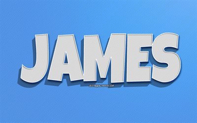 James, sfondo a linee blu, sfondi con nomi, nome James, nomi maschili, biglietto di auguri James, disegni al tratto, foto con nome James
