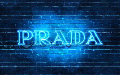 Prada blue logo, 4k, blue brickwall, Prada logo, fashion brands, Prada neon logo, Prada