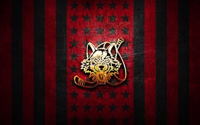 Chicago Wolvesin lippu, AHL, violetti black metal -tausta, amerikkalainen j&#228;&#228;kiekkojoukkue, Chicago Wolvesin logo, USA, j&#228;&#228;kiekko, kultainen logo, Chicago Wolves