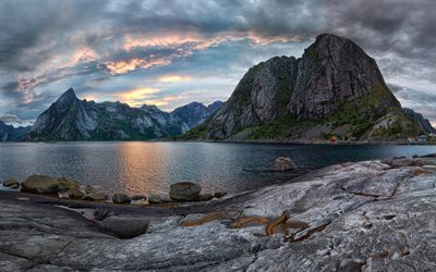 lago, montanhas, Noruega, noite, Lofoten