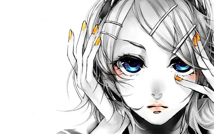 Kagamine Rin, 4k, monochrome, blue eyes, Vocaloid