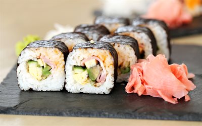 寿司, 4k, 魚介類, ロール, 日本の食品