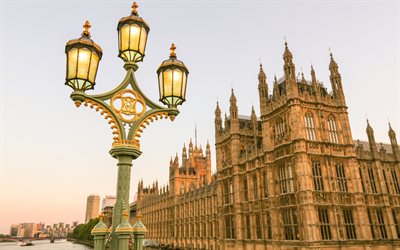 London, Westminster Palace, Thames, river, street lamp, streets, United Kingdom, England