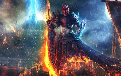 Guild Wars 2, 2018, multiplayer game, fire, warrior, art, Dragonhunter