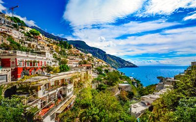 Amalfi, 4k, mar, costa, verano, monta&#241;as, Italia