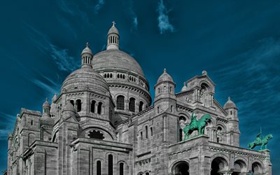 Sacre Coeur, 4k, french landmarks, church, blue sky, Paris, France, Europe