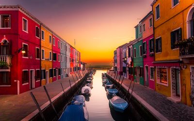 Venise, canaux, gondoles, coucher de soleil, Europe, Italie