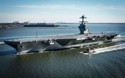 USS Gerald R Ford, CVN-78, 4k, nuclear-powered aircraft carrier, US Navy, warships, American aircraft carrier