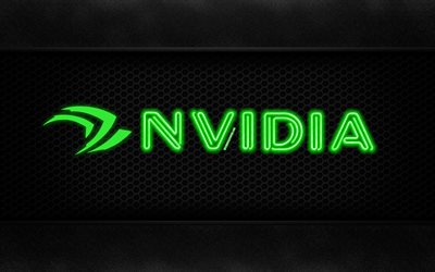 Nvidia, 4k, ネオンのロゴ, 創造, 金属の背景, Nvidiaのロゴ