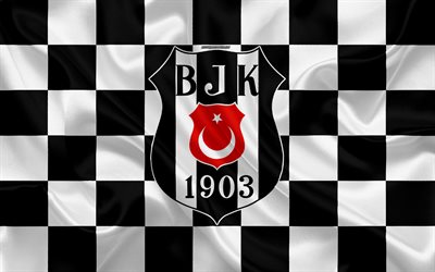 Besiktas JK, 4k, logo, art cr&#233;atif, en noir et blanc drapeau &#224; damier, turc, club de football, l&#39;embl&#232;me, la texture de la soie, d&#39;Istanbul, en Turquie, Besiktas FC