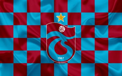 Trabzonspor, 4k, logo, creative art, burgundy blue checkered flag, Turkish football club, emblem, silk texture, Trabzon, Turkey