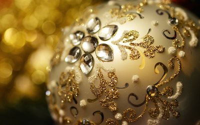 Download wallpapers Christmas golden ball, decoration, gems, Christmas ...