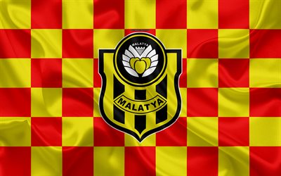 Yeni Malatyaspor, 4k, logo, creative art, red-yellow checkered flag, Turkish football club, emblem, silk texture, Malatya, Turkey