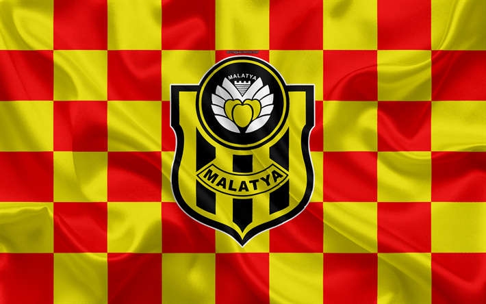 Novo Malatyaspor, 4k, logo, arte criativa, vermelho-amarelo bandeira quadriculada, Turco futebol clube, emblema, textura de seda, Malatya, A turquia