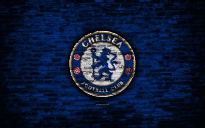 Chelsea FC, logotyp, bl&#229; v&#228;gg, Premier League, Engelska football club, fotboll, Pension&#228;rerna, Chelsea, tegel konsistens, London, England