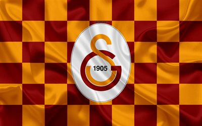 Galatasaray, 4k, logo, art cr&#233;atif, bourgogne jaune drapeau &#224; damier, turc, club de football, l&#39;embl&#232;me, la texture de la soie, d&#39;Istanbul, Turquie