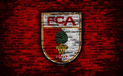 FC Augsburg, logo, rouge, mur de briques, Bundesliga, club de football allemand, le soccer, le football, la texture de brique, Augsbourg, Allemagne