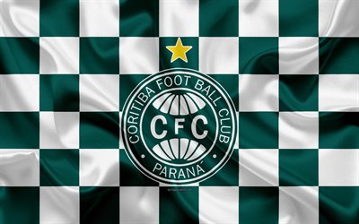 Coritiba FC, 4k, logo, creative art, green and white checkered flag, Brazilian football club, Serie A, emblem, silk texture, Curitiba, Brazil
