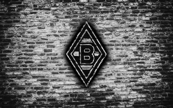 Borussia Monchengladbach FC, logo, bianco, muro di mattoni, la Bundesliga, la squadra di calcio tedesca, calcio, texture di mattoni, M&#246;nchengladbach, Germania
