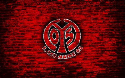 Mainz 05-FC, logotyp, red brick wall, Bundesliga, Tysk fotboll club, fotboll, tegel konsistens, Mainz, Tyskland