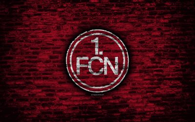 Nurnberg FC, logo, maroon brick wall, Bundesliga, German football club, soccer, football, brick texture, Nurnberg, Germany