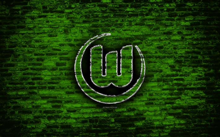 Wolfsburg FC, logo, yeşil tuğla duvar, Bundesliga, Alman Futbol Kul&#252;b&#252;, futbol, tuğla doku, Wolfsburg, Almanya