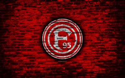 Fortuna Dusseldorf FC, logo, red brick wall, Bundesliga, German football club, soccer, football, brick texture, Dusseldorf, Germany