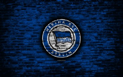 Hertha FC, logo, blue brick wall, Bundesliga, German football club, Hertha BSC, soccer, football, brick texture, Berlin, Germany