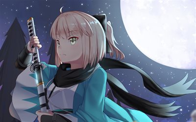Okita Soji, night, Fate Grand Order, moon, manga, TYPE-MOON, Fate Series