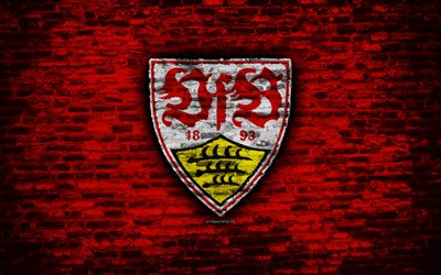 O VfB Stuttgart FC, logo, parede de tijolo vermelho, Bundesliga, Alem&#227;o clube de futebol, futebol, textura de tijolos, Stuttgart, Alemanha