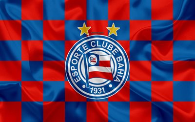 Bahia FC, Esporte Clube Bahia, 4k, logo, creative art, blue red checkered flag, Brazilian football club, Serie A, emblem, silk texture, Bahia, Brazil