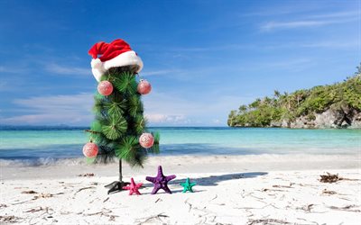 &#193;rbol de navidad, playa, arena, isla tropical, A&#241;o Nuevo, Navidad, mar