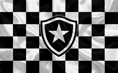 Botafogo RJ, 4k, logo, creative art, black and white checkered flag, Brazilian football club, Serie A, emblem, silk texture, Rio de Janeiro, Brazil