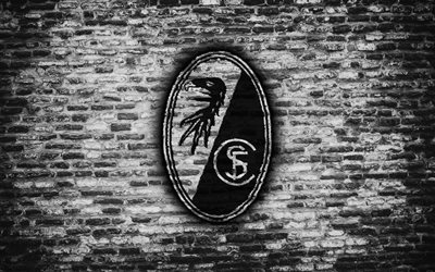 Freiburg FC, logo, white brick wall, Bundesliga, German football club, soccer, SC Freiburg, football, brick texture, Freiburg, Germany