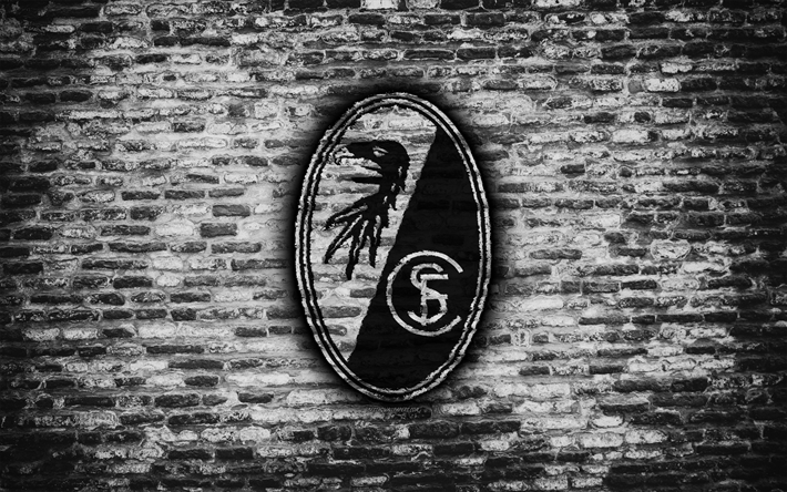 Freiburg FC, logotyp, vit tegelv&#228;gg, Bundesliga, Tysk fotboll club, fotboll, SC Freiburg, tegel konsistens, Freiburg, Tyskland