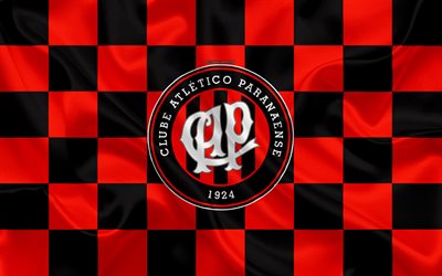 Clube Atl&#233;tico Paranaense, 4k, logo, arte criativa, preto vermelho da bandeira quadriculada, Brasileiro de clubes de futebol, Serie A, emblema, textura de seda, Curitiba, Brasil