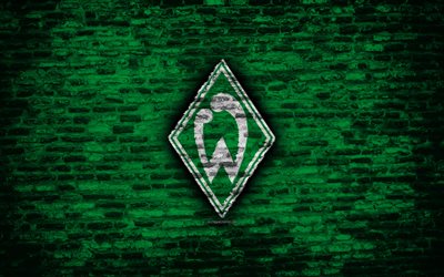 Werder Bremen FC, logo, green brick wall, Bundesliga, German football club, soccer, football, brick texture, Bremen, Germany