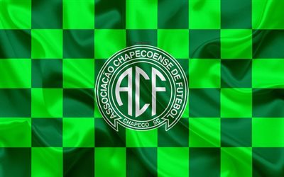 Chapecoense AF, 4k, logo, creative art, green checkered flag, Brazilian football club, Serie A, emblem, silk texture, Chapeco, Brazil